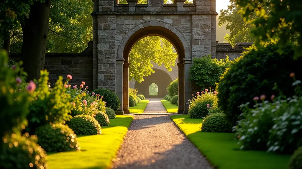 Scenic garden pathway with stone archway