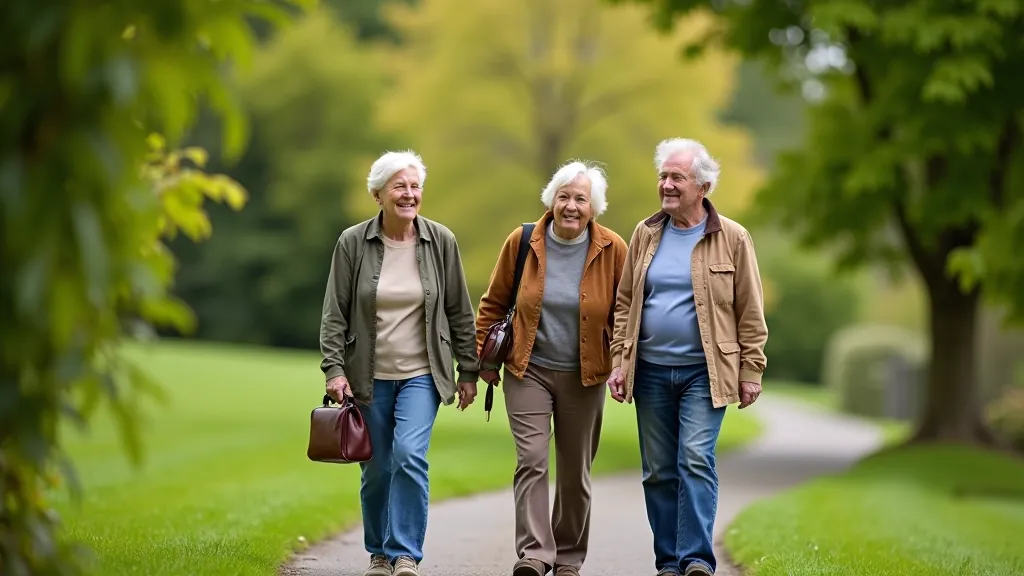 Group of mature adults walking through garden