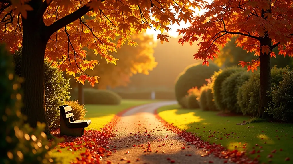 Autumn garden with golden and red foliage on trees and fallen leaves on pathways
