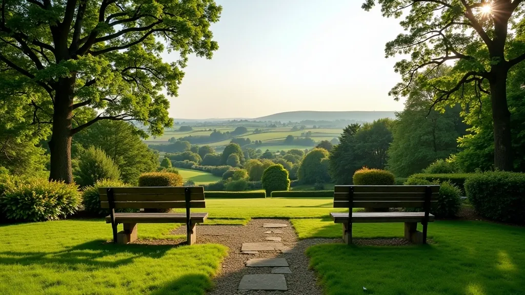 Garden viewpoint with wooden seating area overlooking Birr grounds