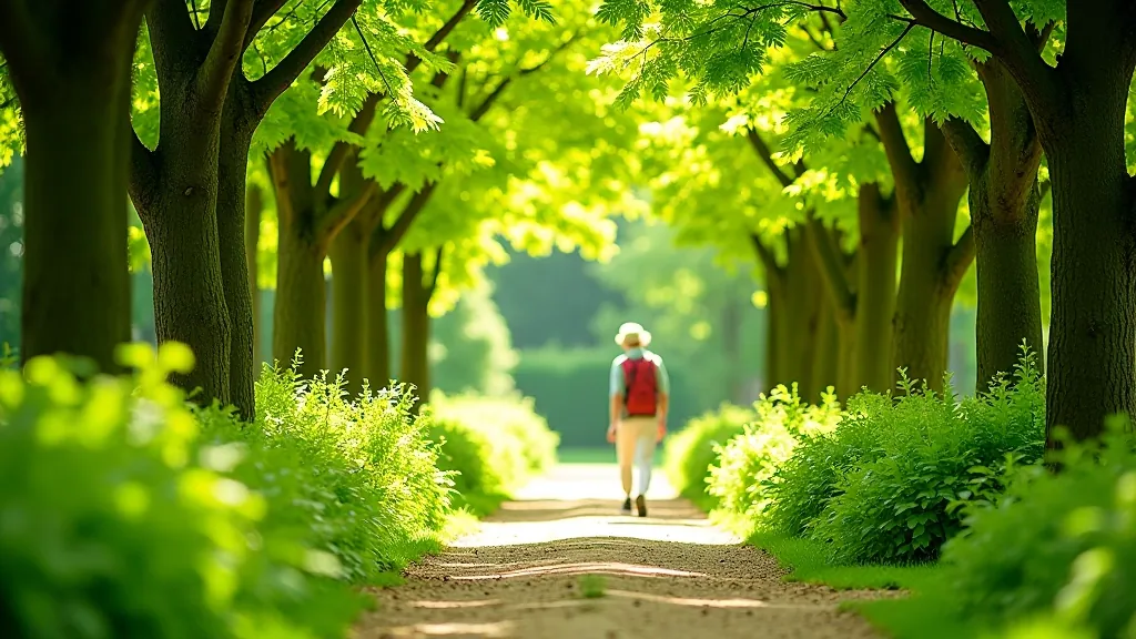 Summer garden in full leaf with mature green trees creating shaded pathways
