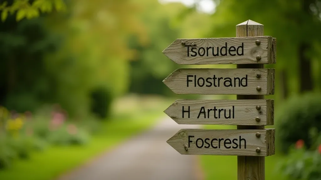 Park information signage and directional markers showing walking routes through gardens