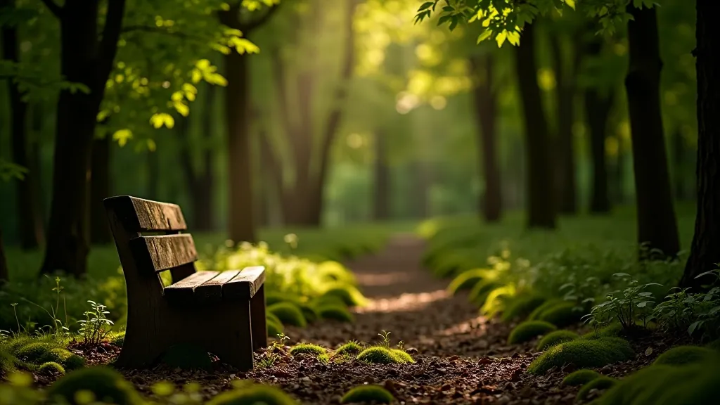 Wooden bench nestled in natural forest clearing with filtered sunlight