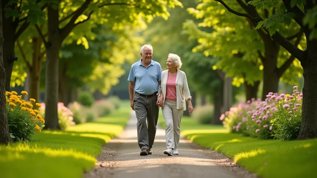 Seniors enjoying a peaceful garden walk