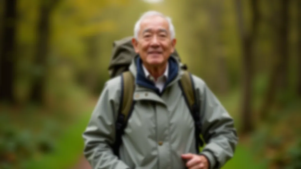 Senior walker on woodland path carrying small rucksack, wearing proper walking shoes and comfortable outdoor clothing