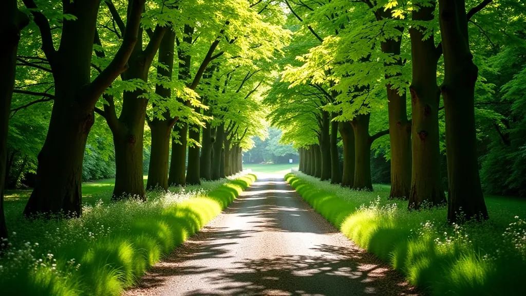 Woodland path with dappled shade from overhanging tree canopy creating natural shelter