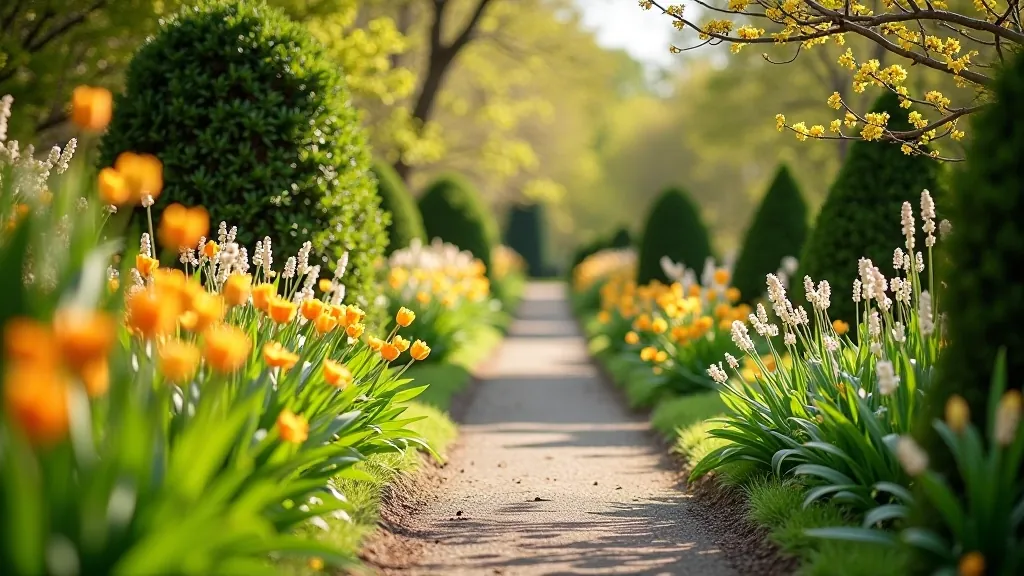 Spring garden path with blooming flowers at Birr estate