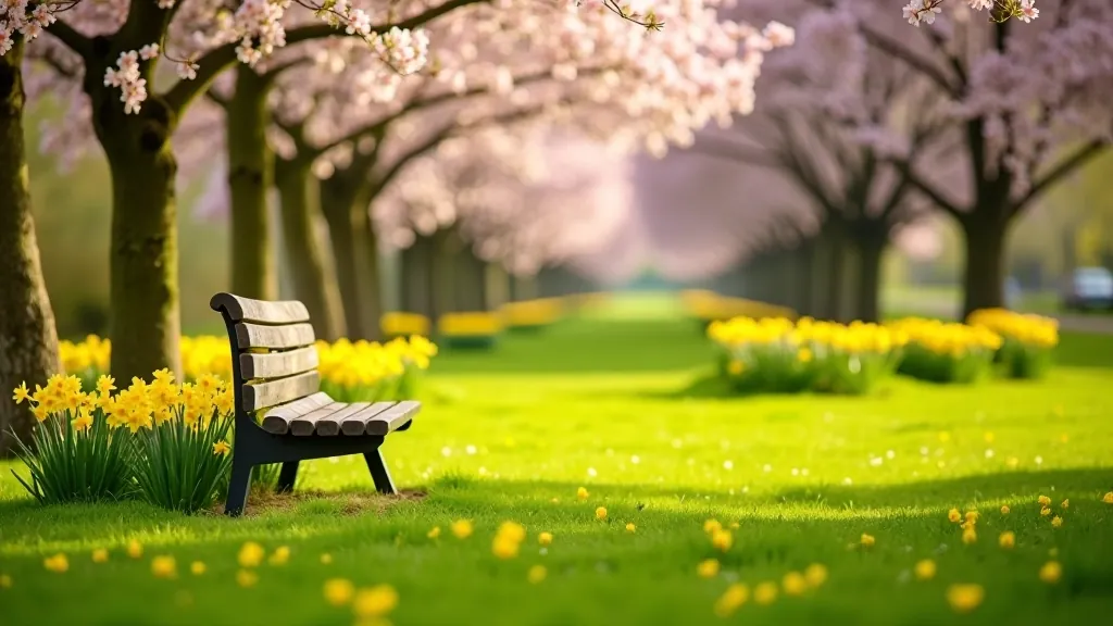Spring daffodil meadow with flowering trees and blooming borders in background