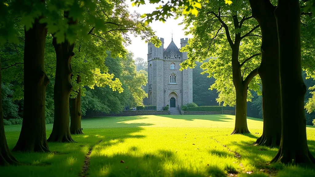 Historic castle tower visible through mature woodland at Birr estate