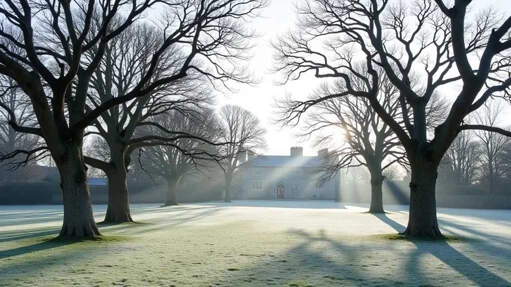 Winter garden with bare trees revealing structure, frost on grass, castle tower in distance