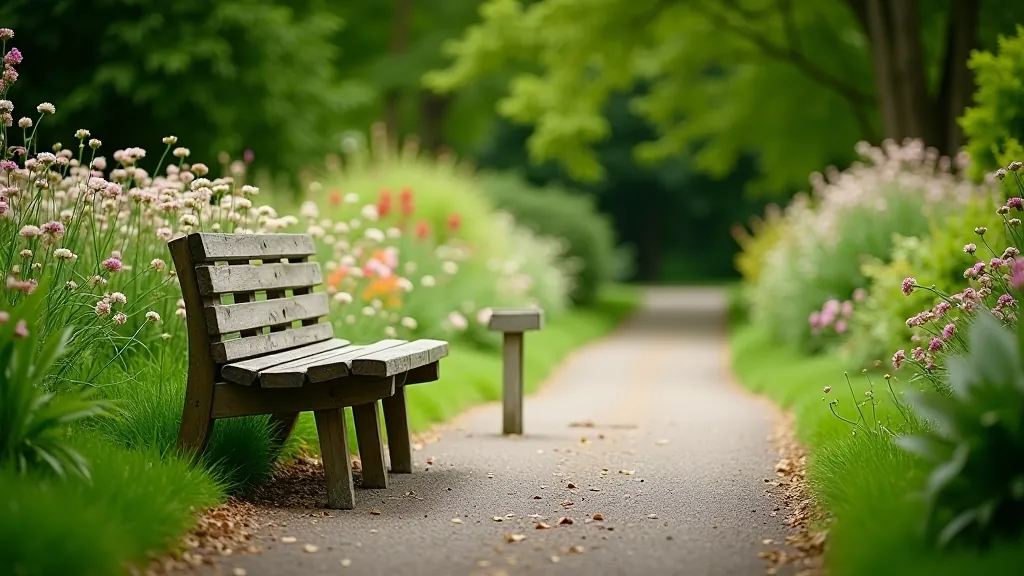 Wooden bench on garden path surrounded by flowering borders and landscaping