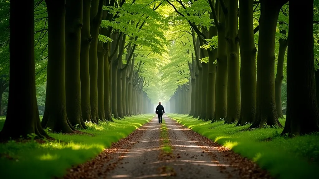 Shaded forest path lined with tall beech trees creating natural tunnel effect at Birr woodland