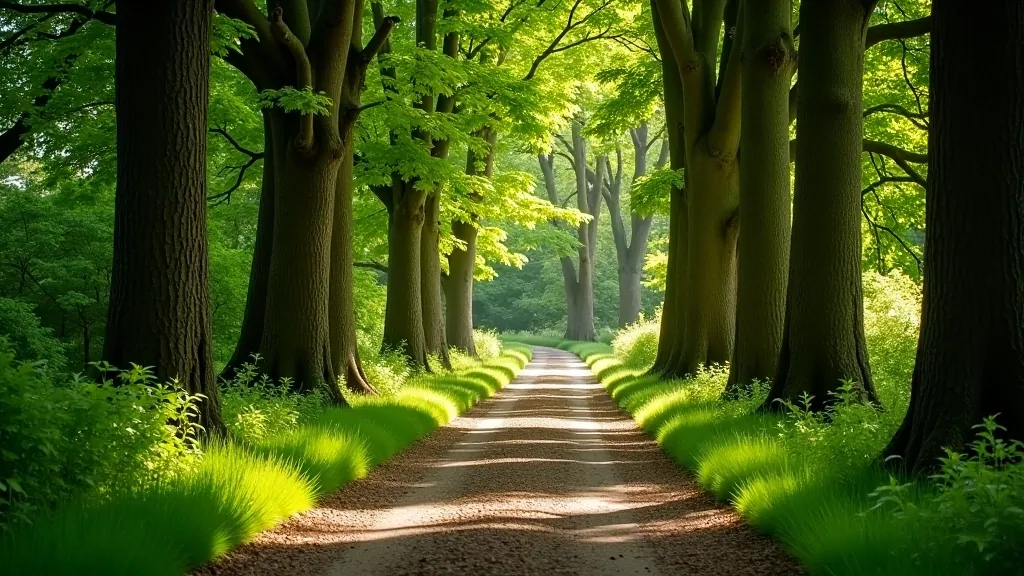 Woodland path at Birr Castle demesne with tall trees creating natural canopy overhead